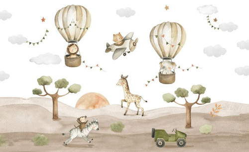 Fototapete für Kinder, die Safari lieben mit Savanne und Tieren.