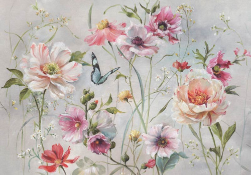 Fototapete mit Stockrosen und Schmetterlingen, dargestellt in einer farbenfrohen Blumenmalerei.