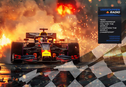 Fototapete mit Max Verstappen, der in seinem Formel-1-Auto durch die Flammen über die Ziellinie fährt und Weltmeister geworden ist.