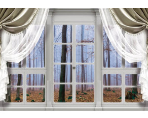 3D-Fototapete mit Blick auf einen herbstlichen Wald und Bäume, gesehen durch ein Fenster.