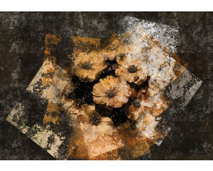 3D-Fototapete mit goldenen Blumen auf einem Betonhintergrund, elegante Dekoration mit einem industriellen Touch.