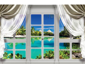 Hawaii Fenster Blick auf Wasser und Berge in 3D-Effekt auf Fototapete.