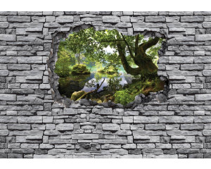 3D-Fototapete eines Waldlochs in einer Ziegelwand, mit Tiefenwirkung.