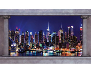 3D-Fototapete von New York bei Nacht, Säulen und Stadtbild.