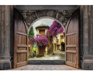 3D-Fototapete mit Blick auf eine alte Stadt und Schlosstüren.