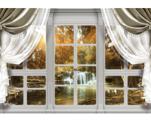 Fototapete eines Wasserfalls in einem herbstlichen Wald mit bunten Bäumen und 3D-Effekten.