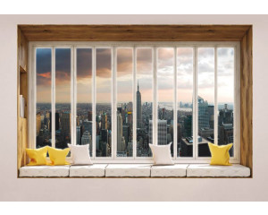 3D-Perspektive Fototapete von New York mit Wolkenkratzern durch ein Fenster gesehen.