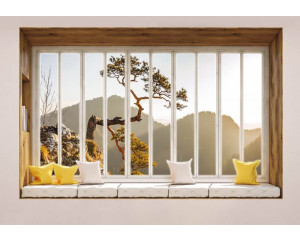 Fototapete, die einen Blick durch ein Fenster auf eine Berglandschaft in 3D-Perspektive zeigt.