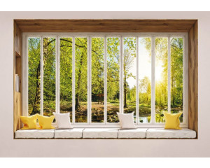 Blick durch ein Fenster auf einen sonnigen Wald mit Sonnenstrahlen auf 3D-Fototapete.