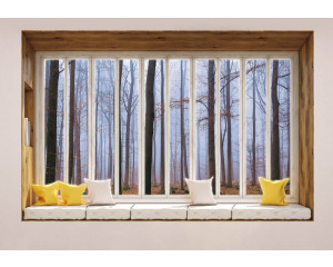 Blick auf einen herbstlichen Wald durch ein Fenster mit 3D-Perspektive auf Fototapete.