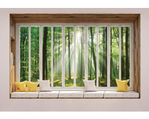 3D-Perspektive Fototapete mit Blick auf einen sonnigen Wald, sichtbar durch ein Fenster.