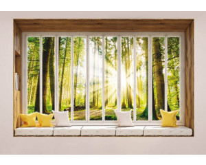 3D-Perspektive Fototapete eines sonnigen Waldes, gerendert von einem Fenster aus.