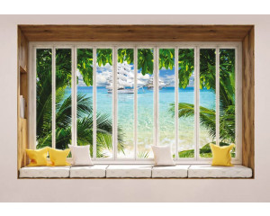Meerblick durch ein Fenster auf einer 3D-Perspektive Fototapete.