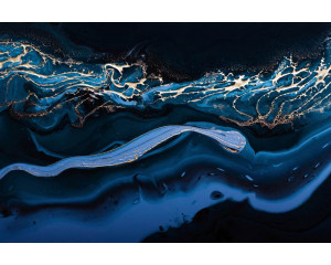 Fototapete aus flüssigem Metallic-Gold kombiniert mit abstraktem blauem Marmor für einen dramatischen und luxuriösen Look.