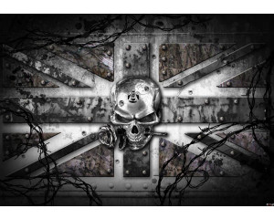 Alchemie-Fototapete mit englischer Flagge und Totenkopf, mutig und mystisch.