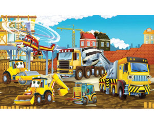 Kindertapete mit Baggern und Baustellenkränen, ideal für ein cooles Kinderzimmer.