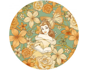 Tapetenkreis von Belle aus Die Schöne und das Biest in einer herbstlichen Umgebung, umgeben von orangen Blättern und sanften Farben.