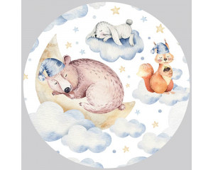 Dieren zoals een beer, haas en eekhoorn in dromenland op een schattige behangcirkel voor de babykamer.