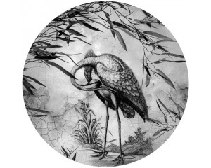 Schwarz-Weiß-Bild eines Krans, minimalistisch und stilvoll auf einer Wand Kreis.