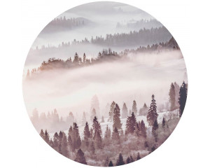 Nebliger Wald mit im Dunst verschwindenden Bäumen auf einem Mauerkreis.