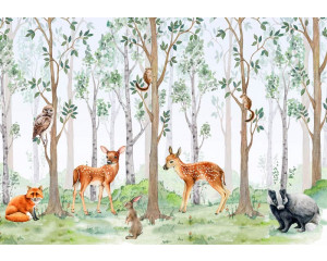 Waldtiere in einer natürlichen Umgebung auf dieser Kindertapete mit Illustrationen von Tieren wie Rehen und Füchsen in einem Wald.
