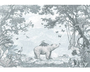 Waldtier-Tapete in Grün mit einem Bären und anderen Waldtieren, umgeben von einem Wald.