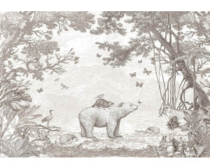 Waldtier-Tapete in Taupe mit einem Bären und anderen Waldtieren in einer waldähnlichen Umgebung