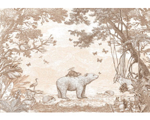 Waldtiertapete in Terrakotta-Farben mit einem Bären und anderen Waldtieren in einer Waldlandschaft.