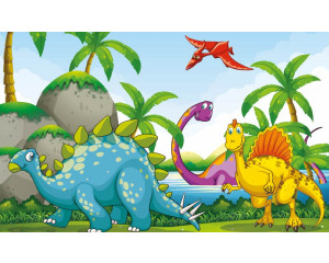 Dino-Tapete mit verschiedenen Dinosauriern, die sich durch eine üppige Landschaft bewegen, perfekt für Kinderzimmer.