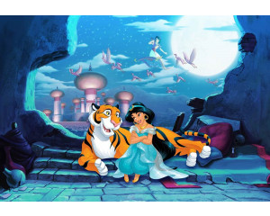 Disney-Fototapete von Aladdin, der auf seinem fliegenden Teppich durch die Stadt schwebt, ideal für abenteuerliche Zimmer.