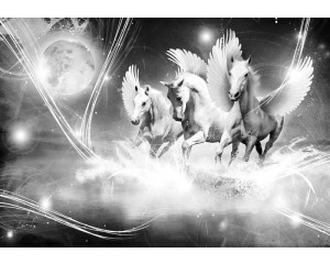 Eine Fototapete mit fröhlichen Einhörnern.