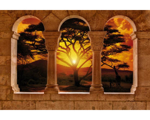 Fototapete einer 3D-Ansicht einer afrikanischen Landschaft mit Säulen, in einer exotischen Atmosphäre.