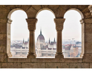 Fototapete einer 3D-Ansicht des Parlamentsgebäudes in Budapest mit Säulen.