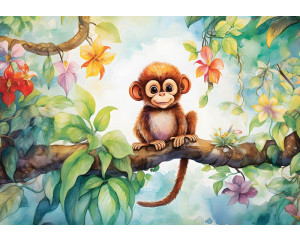Kindertapete mit einem niedlichen Affen, der sich im Dschungel an einen Ast klammert, mit einem verspielten und natürlichen Look.