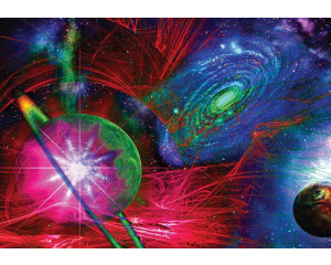 Farbenfrohe abstrakte Darstellung des Universums mit Planeten und Sternen auf dieser Fototapete, voller leuchtender Farbtöne.