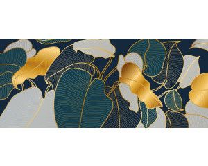 Fototapete abstrakte goldene Blätter mit feiner Linienstruktur auf dunklem Hintergrund.