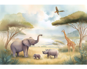 Fotobehang jungle brug door het regenwoud met houten brug, hoge bomen en een stromend beekje.