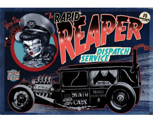 Fototapete eines Oldtimer-Taxis mit Totenköpfen, Rock'n'Roll-Thema für einen coolen und kantigen Raum.