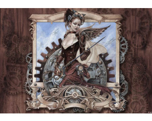 Sepia-Frau im Steam-Punk-Stil, Fototapete mit Vintage- und dunkler Atmosphäre.