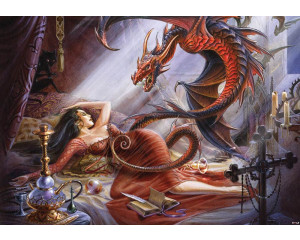 Drache und Frau, Fantasie Alchemie Fototapete mit geheimnisvollen, mythischen Elementen.