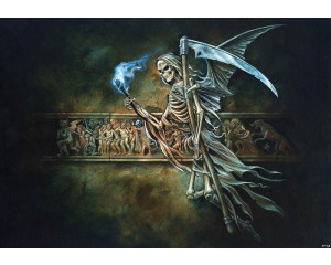 Der Weg zur Hölle, Fototapete mit Totenköpfen und dunkler Alchemiekunst.