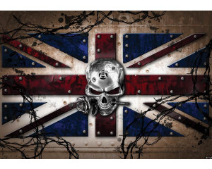 Alchemie-Fototapete mit Totenkopf, englischer Flagge und Eisenwaren.