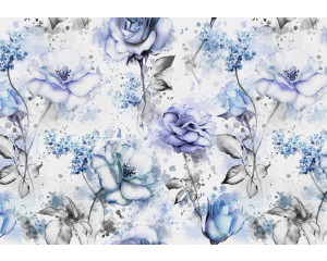 Aquarell-Blumen-Fototapete mit blauen Rosen, romantisch und anspruchsvoll.