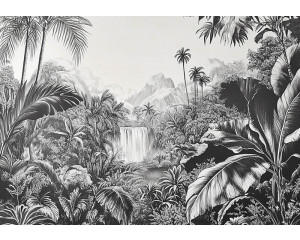 Fotobehang met een artistieke weergave van een weelderige jungle vol tropische planten en bladeren.