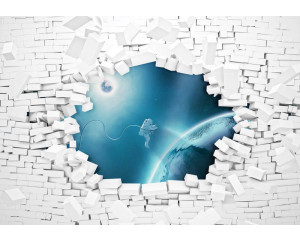 Fototapete eines Astronauten mit 3D-Effekt einer zerbrochenen Wand und des Universums.