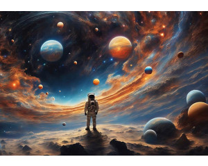 Fototapete eines Astronauten im unendlichen Raum, umgeben von Planeten und Sternen.