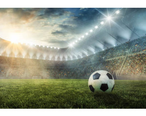 Kindertapete mit einem Fußball in einem großen Stadion, in dem junge Fußballfans mitfiebern können.