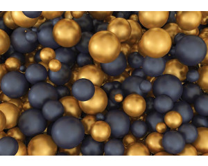 Fototapete mit goldenen und schwarzen Kugeln in 3D auf dunklem Hintergrund für einen luxuriösen und räumlichen Effekt.