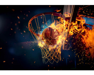 Fototapete eines Basketballs mit feurigen Effekten, in einer intensiven und sportlichen Umgebung.