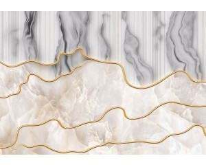 Fototapete aus beigem und grauem Marmor mit goldenen abstrakten Details, für ein modernes Interieur.